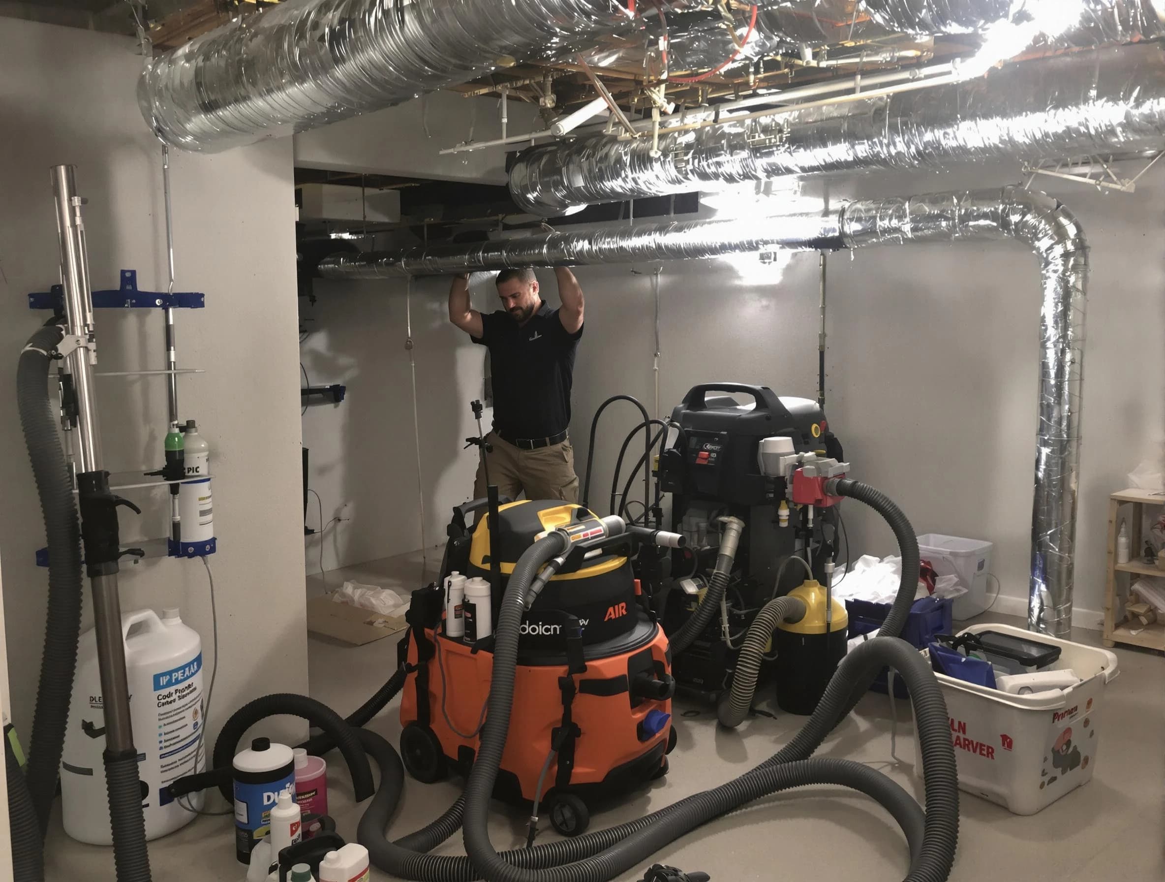 Sandston Air Duct Cleaning specialist performing professional mold removal from air ducts using safety equipment in Sandston